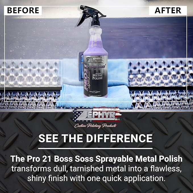 Zephyr - Pro 21 Boss Soss Sprayable Metal Polish - Stainless Steel, Chrome, & Aluminum Polish - Sprayable Metal Polishing for Copper, Silver, Bronze, & More - 32 oz.