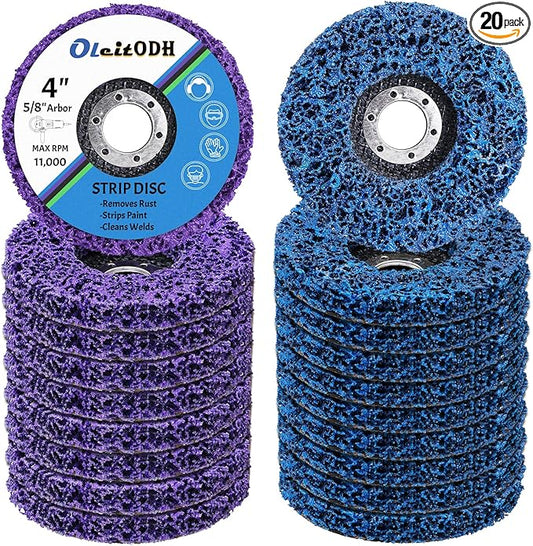 20 Pcs 4" x 5/8" Strip Discs Bulk, Paint Stripping and Rust Removal Wheels for Angle Grinders, Abrasive Grinding Discs for Metal, Wood, and Fiberglass, Blue+ Purple