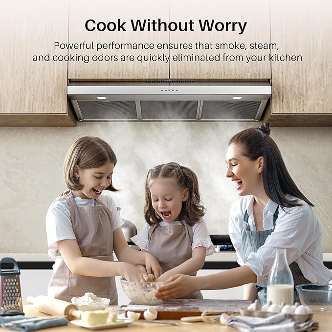 FIREGAS 36 Inch Under Cabinet Range Hood, Ducted/Ductless Convertible Kitchen Vent Hood with 3-Speed Exhaust Fan, 300 CFM, LED Lights, Stainless Steel Stove Hood for Kitchen