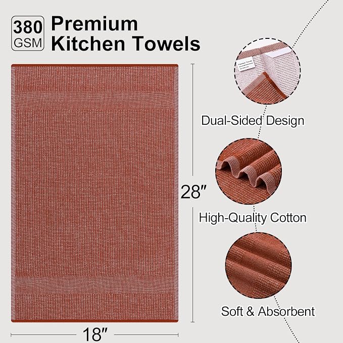 Mordimy Premium Kitchen Towels 6 Pack (18 x 28 Inches, Rust), Large Cotton Kitchen Hand Towel, Flat & Terry Dish Towels for Drying Dishes, Super Absorbent Tea Dishtowels Set with Hanging Loop