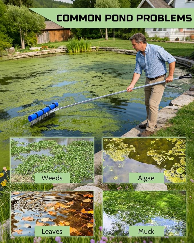 Pond Rake, 36" Floating Rake with 8.5ft (102in) Extension Handle & 20ft Rope, Aluminum Aquatic Weed Rake for Lake, Landscape Rake for Algae, Muck & Debris Removal, 2-in-1 Water & Land Tool Blue