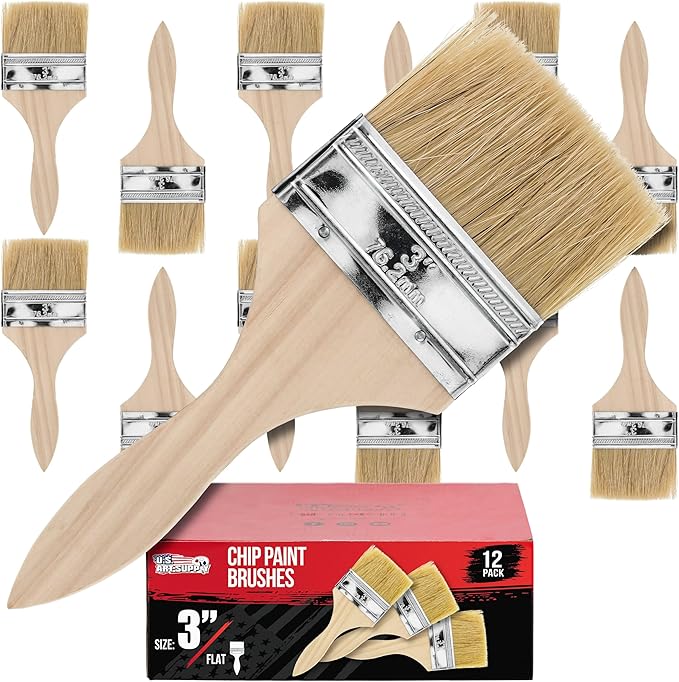 U.S. Art Supply 12 Pack of 3 inch Paint and Chip Paint Brushes for Paint, Stains, Varnishes, Glues, and Gesso