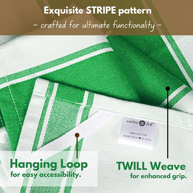 Native Fab Green Kitchen Towels 18 x 28 Inch, 12 Pack, Wide Stripe, Super Absorbent, Fast Dry, Soft, Cotton Dish Towels for Wiping Hands, Drying Dishes, Counter Cleaning Dish Cloth Set - Green