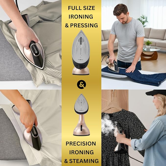 True & Tidy 2-in-1 Iron and Handheld Steamer, 1600W Dual Heating System with Ceramic-Coated Plate, LCD Display, No-Drip Technology, 3 Fabric Modes, Portable Garment Steamer for Home & Travel