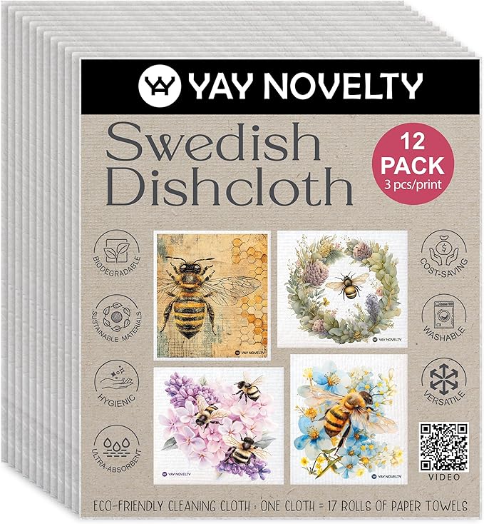 Swedish Dishcloths - 12 Pack | Made in Germany | Ultra-Absorbent, Reusable Cellulose Sponge Cloths for Kitchen | No-Odor, Eco-Friendly Cleaning Wipes | Water-Based Ink | Bee