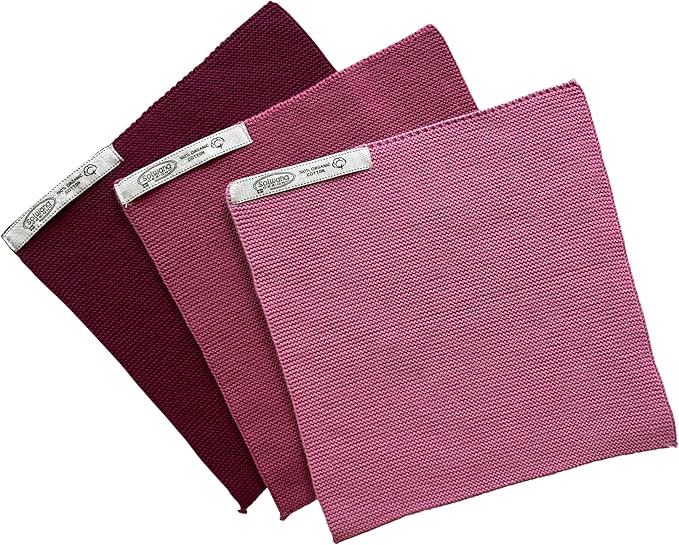 Solwang 3-Piece Danish Cotton Dishcloths in 100% Certified Organic Cotton Made in India (Dark Rose Organic Combi)