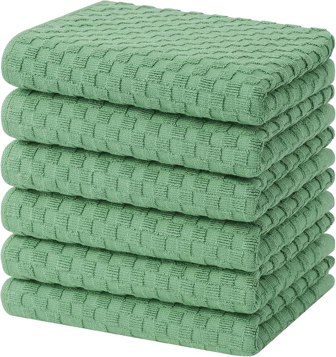 Homaxy 100% Cotton Terry Kitchen Towels(15" x 25", 6 Pack), Soft and Super Absorbent Dish Towels, 380 GSM Reusable Tea Towel with Hanging Loop, Pineapple Grid Designed, Grass Green