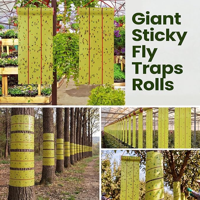 Qualirey Giant Sticky Fly Traps, Fly Strips for Indoor Outdoor Hanging Flying Tapes Non Toxic Ribbon Fruit Gnat Killer for Mosquito Plants House Horse Stable(30 ft,Yellow,10 Pcs)