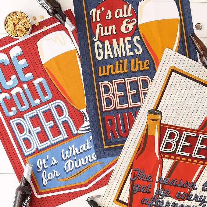 DII Assorted Print Dishtowel Set, 18x28", Retro Beer, 3 Count