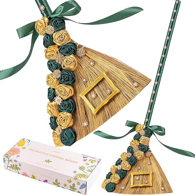 Wedding Broom for Jumping the Broom Ceremony - 40" Handcrafted with Natural Broom Corn, Velvet Roses, Crystals & Photo Frame, DIY Kit (Green & Gold, Premium Gift Box)