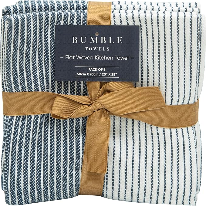 Premium Kitchen Towels (20”x 28”, 6 Pack) | Yarn Dyed Flat Woven Stripe Kitchen Towel Set| 238 GSM | Highly Absorbent with Hanging Loop | Blue