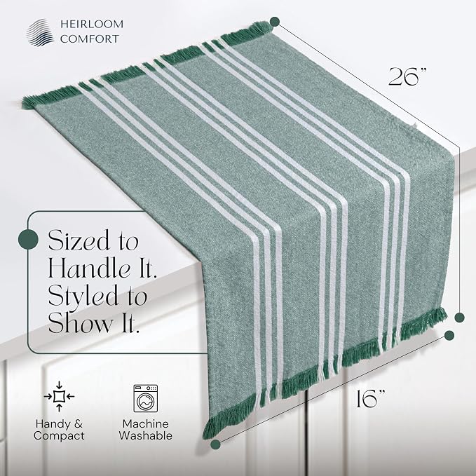 Monochrome Stripe Kitchen Towels 3 Pack, 16x26 Inch, 100% Cotton, Super Absorbent & Quick Dry, Durable, Fringed Dish Towel for Drying Dishes, Washable, Everyday Use, Forest Green