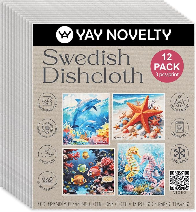 Swedish Dishcloths - 12 Pack | Made in Germany | Ultra-Absorbent, Reusable Cellulose Sponge Cloths for Kitchen | No-Odor, Eco-Friendly Cleaning Wipes | Water-Based Ink | Sea Creatures