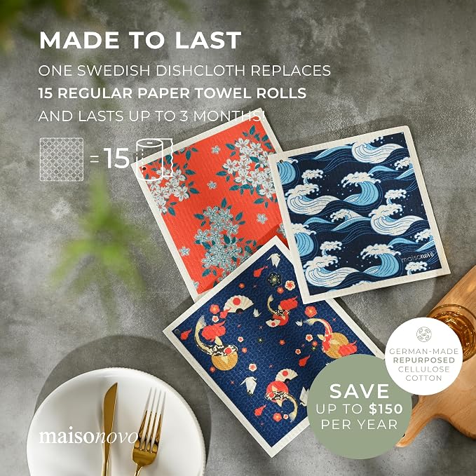 MAISONOVO Swedish Dishcloths for Kitchen | Reusable Paper Towels with Hook | Reusable Paper Towels Washable | Swedish Dishcloth Reusable Paper Towel | Kyoto Fish - Pack of 2