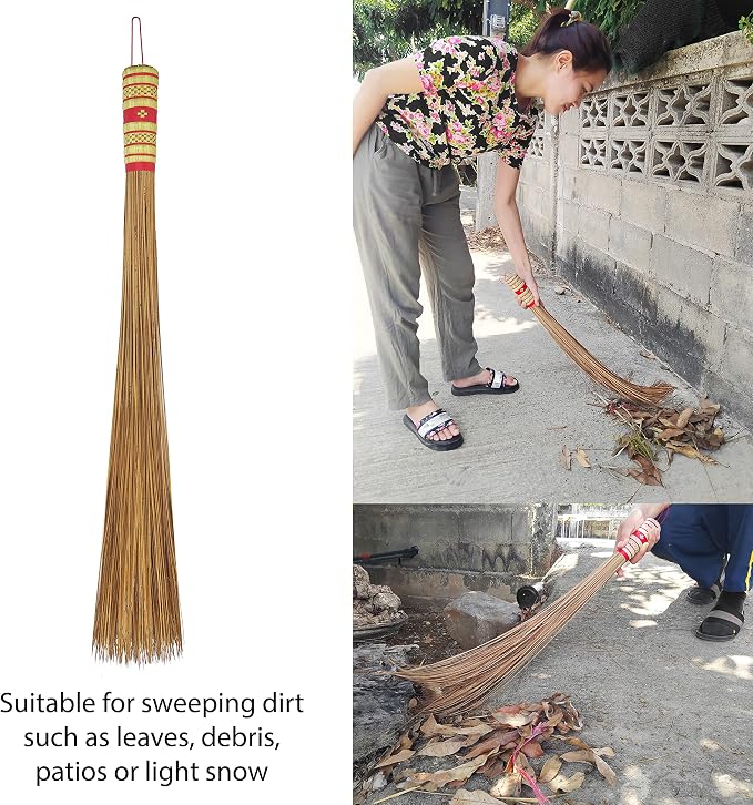 32 inch Multi-Surface Sturdy Outdoor Authentic Coconut Leaf Broom Asian Heavy Duty Broom Thai Natural Coconut Leaf Broom (Country Rustic) 1 Piece