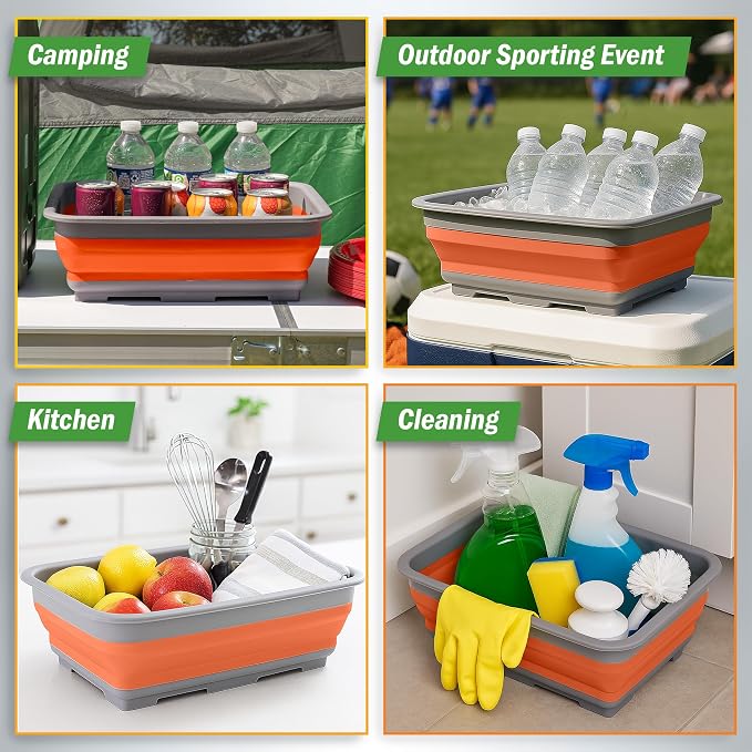 Collapsible Bucket for Cleaning - 7.27L Foldable Wash Bin Dish Tub - Collapsible Wash Basin or Camping Sink for Beach, Tailgating, or Soaking Laundry - Cleaning Supplies by Wakeman (Orange)