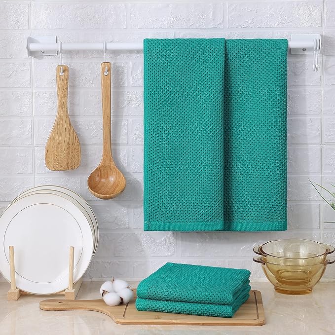 Kitinjoy 100% Cotton Waffle Weave Kitchen Hand Towels (13 X 28 Inches, Teal), 6-Pack Super Soft and Absorbent Dish Towel for Drying Dishes