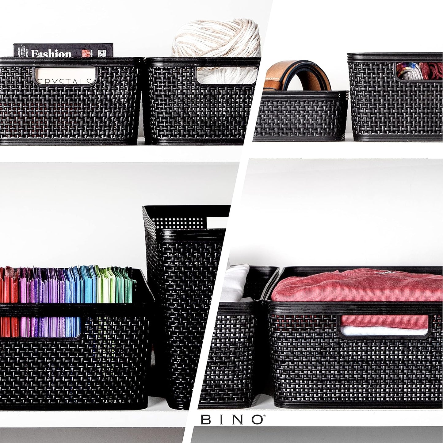 BINO | Woven Plastic Basket | Medium (Black), 4-Pack | THE JUTE COLLECTION | Home Organization, Space - Saving Storage, Stylish Design | Jute Basket | Plastic Storage Basket