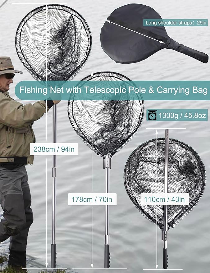 Avlcoaky 94" Telescopic Fishing Landing Net - Heavy-Duty Aluminum Handle with Non-Snag Rubber Coated Mesh, Extra Large Fishing Net for Saltwater Boat Fishing