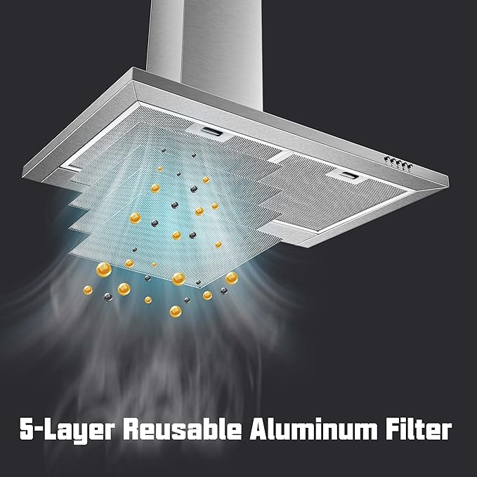 SNDOAS Range Hood 30 inch,Wall Mount Range Hood in Stainless Steel With Ducted/Ductless Convertible,Stove Vent Hood with Aluminum Filters,3 Speed Exhaust Fan,LED Light,Button Control
