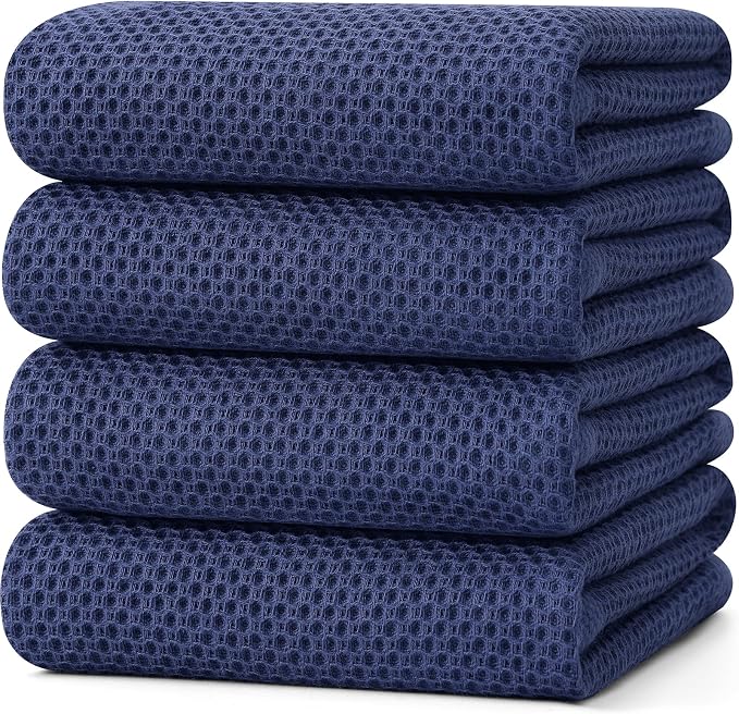 Kitinjoy 100% Cotton Waffle Weave Kitchen Towels (20 X 28 Inches, Navy Blue), 4-Pack Super Soft and Absorbent Dish Towel for Drying Dishes