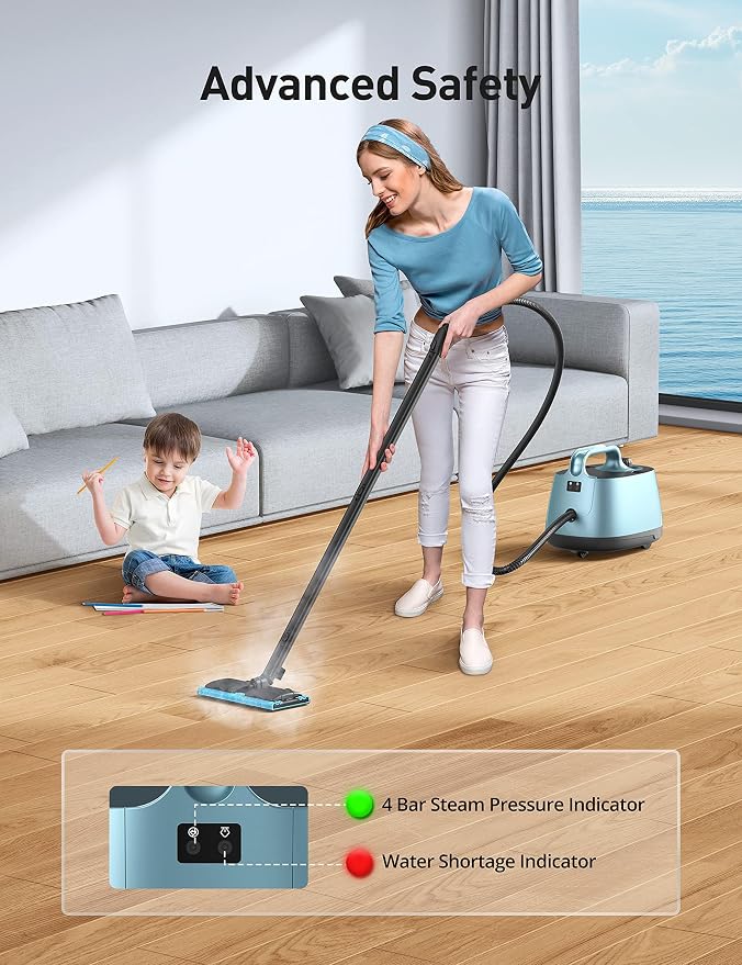 Carpet Steam Cleaner for Home, 293°F 58 PSI Powerful Multipurpose Handheld Steam Mop, 21 Attachments, 50Oz Capacity, Heavy Duty Steamer for Carpets, Floors, Cars, Tiles, Crack Cleaning, Turquoise