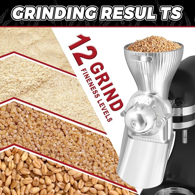Grain Mill Attachment for KitchenAid Stand Mixer, All Metal 12 Levels Grain Grinder for Kitchen aid, Grain Mill for Flour, Wheat, Corn, Oats, Buckwheat, Millet, Low-Oil