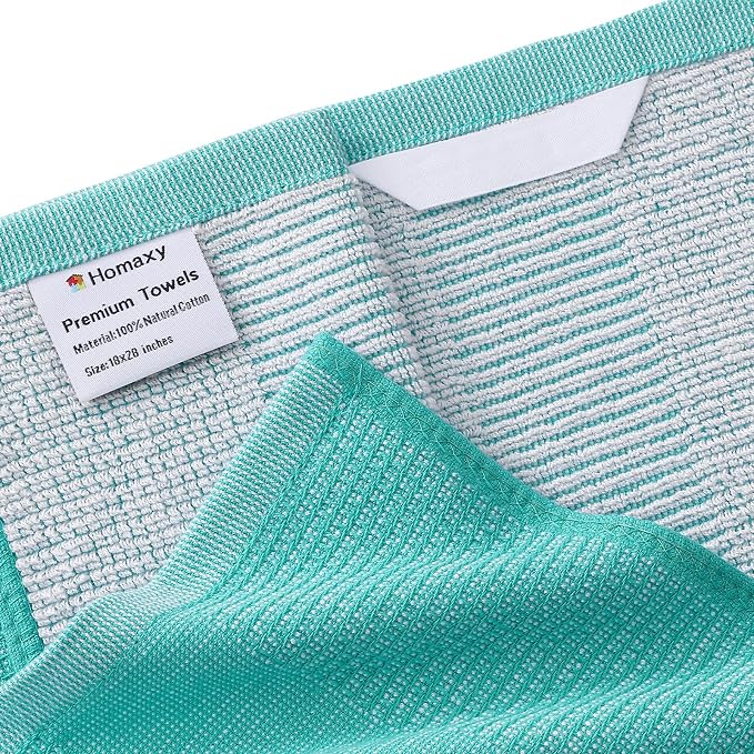 Homaxy Premium Kitchen Towels(18”x 28”, 3 Pack), Large Cotton Kitchen Hand Towels, Flat and Terry Dish Towels, 380 GSM Highly Absorbent Tea Towel Set with Hanging Loop, Teal