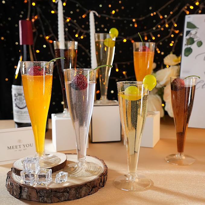 Bestluck 200 Pack Champagne Flutes Plastic, 4.5 oz Gold Glitter Plastic Disposable Stemware, Disposable Champagne Flutes for Party, Mimosa Bar, Wedding, Anniversary and Graduation