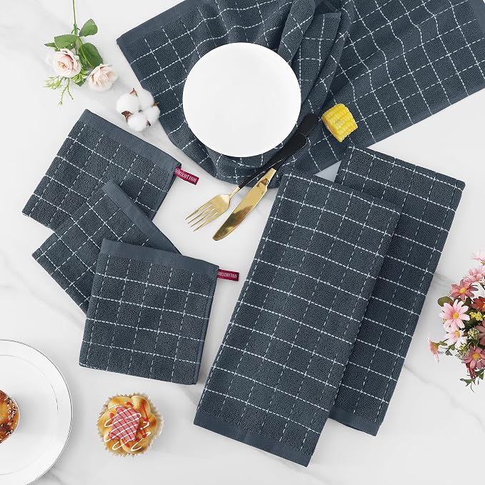 Homaxy Kitchen Towels and Dishcloths Set, 12 x 12 and 13 x 28 Inches, Set of 8 Bulk Cotton Terry Kitchen Towels Set, Checkered Designed, Soft and Super Absorbent Dish Towels, Dark Grey