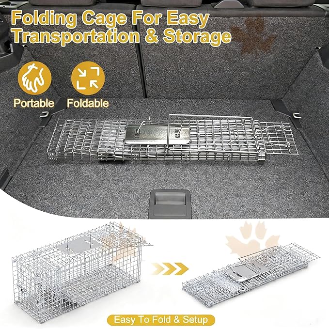 Live Humane Animal Trap Cage Cat Trap Folding Catch and Release for Raccoons Opossums Skunks Feral Cats Squirrels Rabbit 25.59Inch