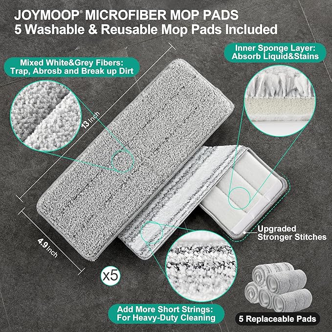 JOYMOOP Mop and Bucket Set, Hands-Free Flat Floor Mop and Bucket, 5 Washable Microfiber Pads, Wet and Dry Use, Ideal for Household and Commercial Floor Cleaning