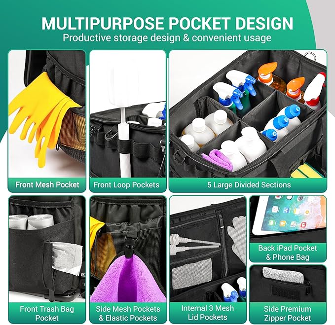 Large Rolling Cleaning Caddy Bag w/Detachable Trolley & Lid - Portable Cleaning Cart on Wheels w/Shoulder Strap & Waist Pouch - Cleaning Supplies & Tool Organizer for Home, Office, Car (Black)