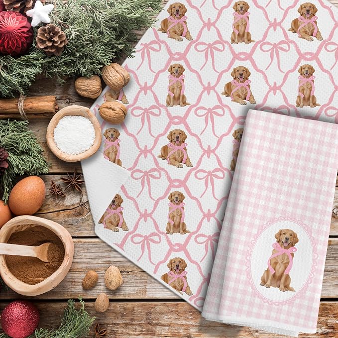 Coquette Pink Bow Golden Retriever Gifts Kitchen Hand Towels for Bathroom，Coquette Pink Golden Retriever Girly Bathroom Kitchen Decor,16x24 Inch Set of 2