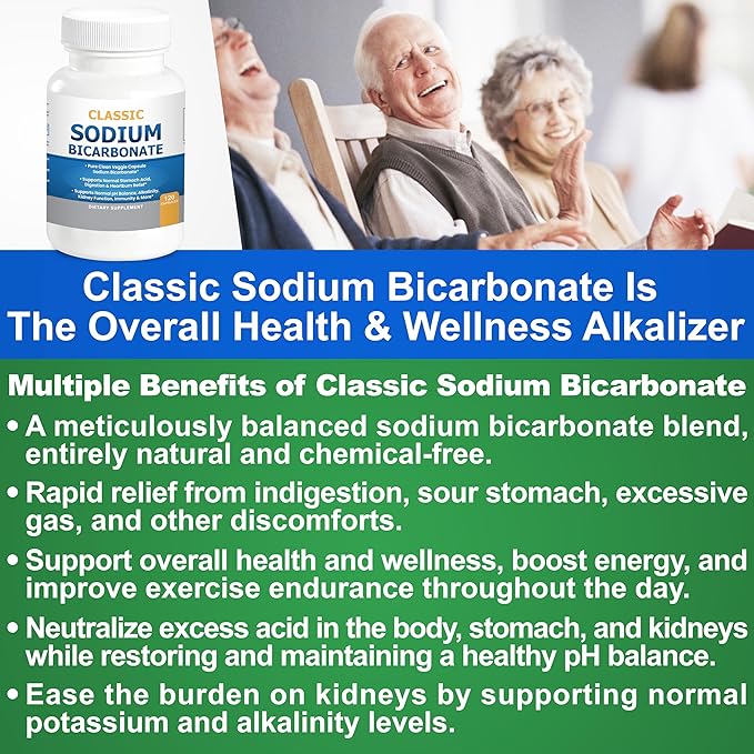Classic Sodium Bicarbonate 650mg Natural Organic Use Sodium Bicarbonate Powder Pills Tablets (caps) Stomach Acid Alkalinity 120caps 2-Pack