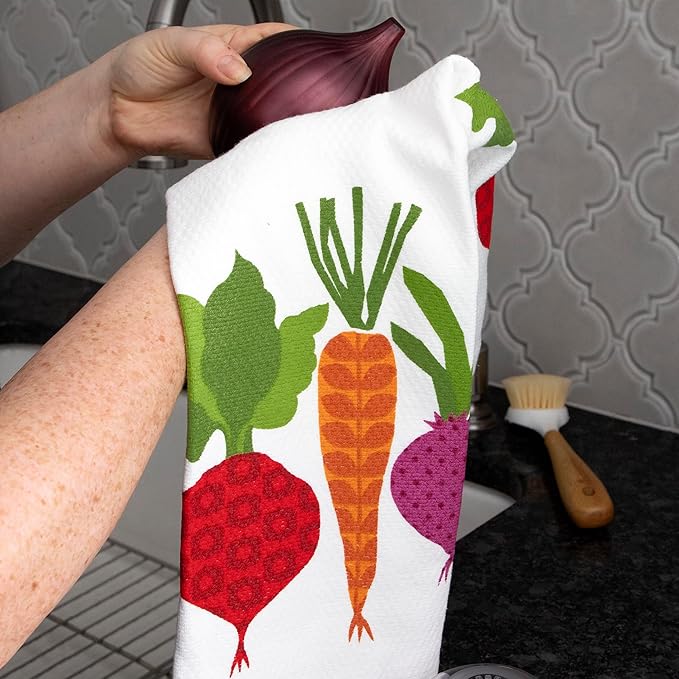 T-Fal Textiles Double Sided Print Woven Cotton Kitchen Dish Towel Set, 2-Pack, 16" x 26", Veggie Print