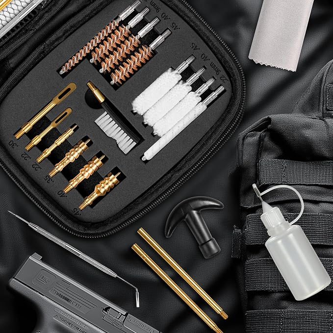 GLORYFIRE Universal Gun Cleaning Kit Fits .22 .357/9mm .38 .40 .45 Cal Handguns & Pistols Compact Carrying Case for Portability Multiple Styles with Brass or Plastic Jags & Tips for Shooting and Range