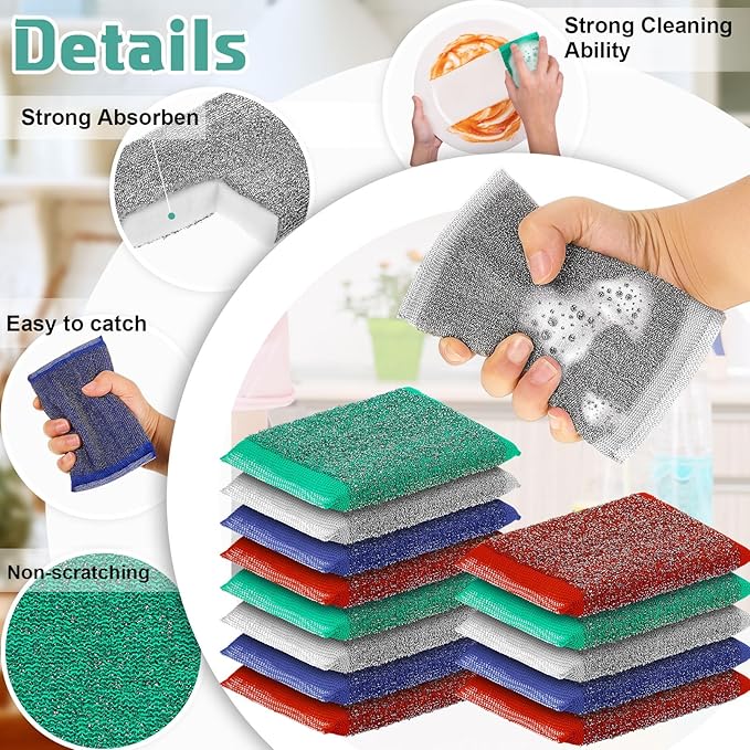 Thyle 24 Pack Steel Scrub Sponges for Dishes Non Scratch Scouring Multi Use Metal Scrubber Heavy Duty Dish Wash Kitchen Sponge for Pot Dish Washing Hard Surface Cleaning (Multicolored)