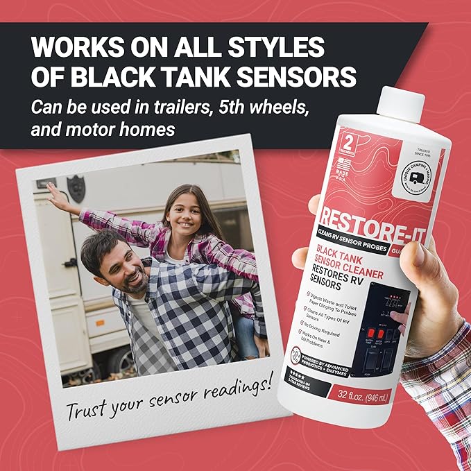 Unique Restore-It RV Sensor Cleaner Liquid – Cleans Dirty Sensor Probes for Misreading RV Black Tank Sensors – 2 Treatments Per Bottle, 32 oz (2-Pack)