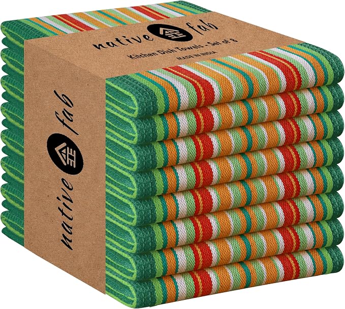 Native Fab Mexican Salsa Stripe Kitchen Towels, 8 Pack, 18x28 Inches, 100% Cotton, Soft, Super Absorbent Dish Towels for Drying Dishes, Everyday Kitchen Use, Reusable, Washable, Green