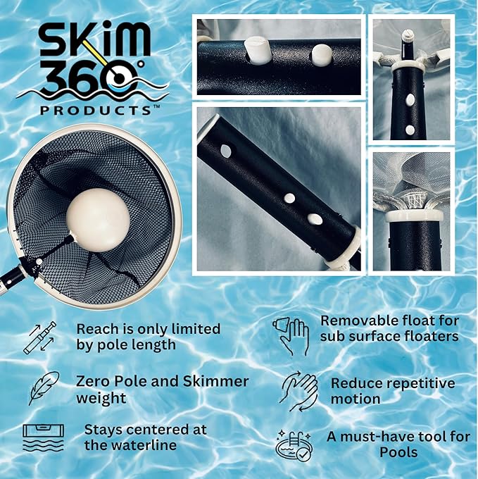 16" Pool Skimmer Net with Float Assist - Heavy Duty Large Leaf Net, 360° Movement in Any Direction, Zero Pole & Skimmer Weight, Fast & Effortless Debris Removal for All Pools, Ponds & Spas