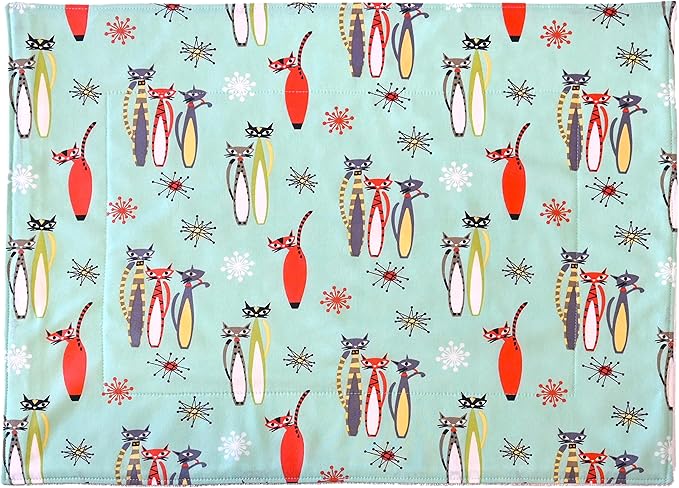 Mid Century Modern Dish Drying Mat - Coffee Station Mat - Pet Placemat - Appliance Mat - Atomic Cats & Starbursts on Aqua - 16x20 Inches - Handmade by Green Acorn Kitchen