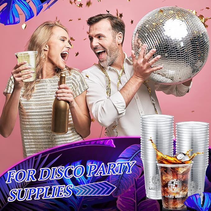 Geyee 48 Pack Disco Disposable Party Cups, 16oz Disco Supplies Ball Disposable Plastic Cup 70s 80s 90s Party Hot and Cold Drinks for Bachelorette Wedding Picnic Summer Favors Supplies