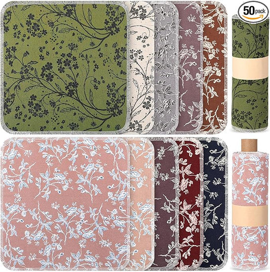 Redbaker 50 Pcs Reusable Paper Towels Paperless Reusable Cotton Cloths Toilet Absorbent Washable Paper Towels with Roll Kitchen Dishcloth for Kitchen Paperless Dishcloths(Branches)
