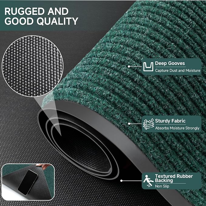 100pointONE Front Door Mat, Heavy Duty Indoor Outdoor Doormat for Entryway, 60" x 36" Low Profile Outdoor Mats for Home Entrance, Stain and Fade Resistant Welcome Mat for High Traffic Area, Green