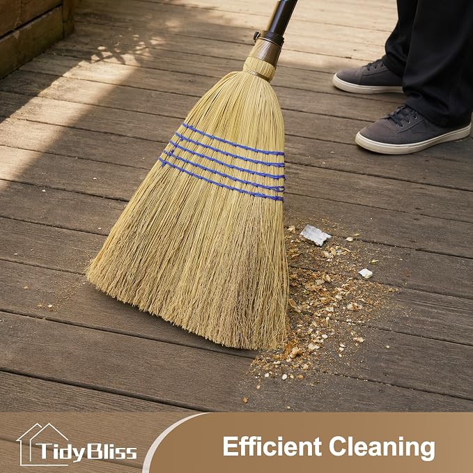 TidyBliss Corn Broom Heavy Duty, 59 inches Tall Household Indoor Outdoor Natural Straw Brush for Sweeping Garden, Garage, Yard, Porch, Patio, Sidewalk, Concrete, Stone Floors