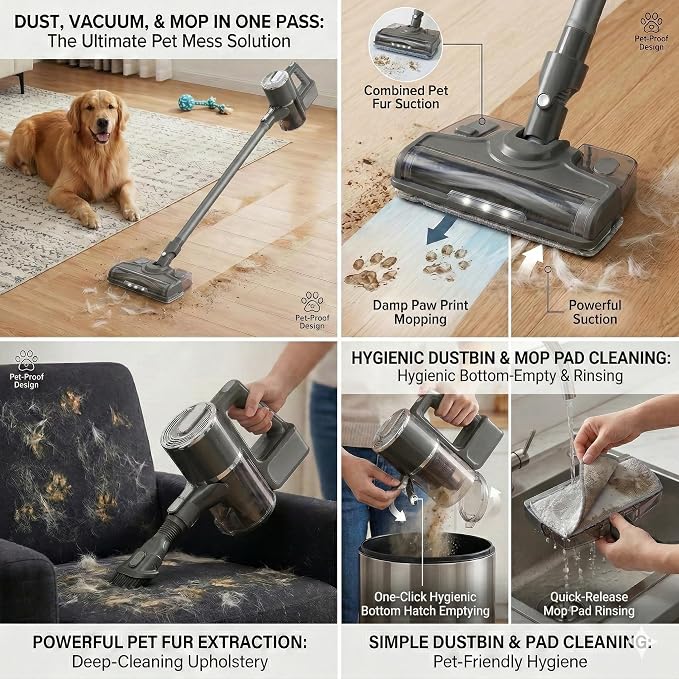 Wet Dry Vacuum Cleaner,Vacuum and Mop All in One，Vacuum Cleaners for Home Up to 45min,45KPA Strong Suction，Anti-Tangle Brush Roll Removable Water Tank for Pet Hair/Carpets/Floors/Car