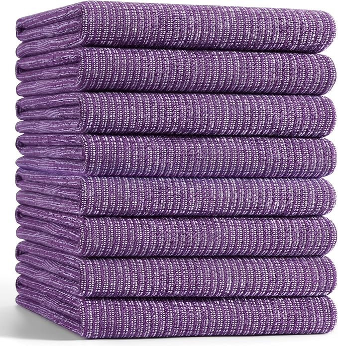 Mordimy Premium Kitchen Towels 8 Pack (18 x 28 Inches, Purple), Large Cotton Kitchen Hand Towel, Flat & Terry Dish Towels for Drying Dishes, Super Absorbent Tea Dishtowels Set with Hanging Loop