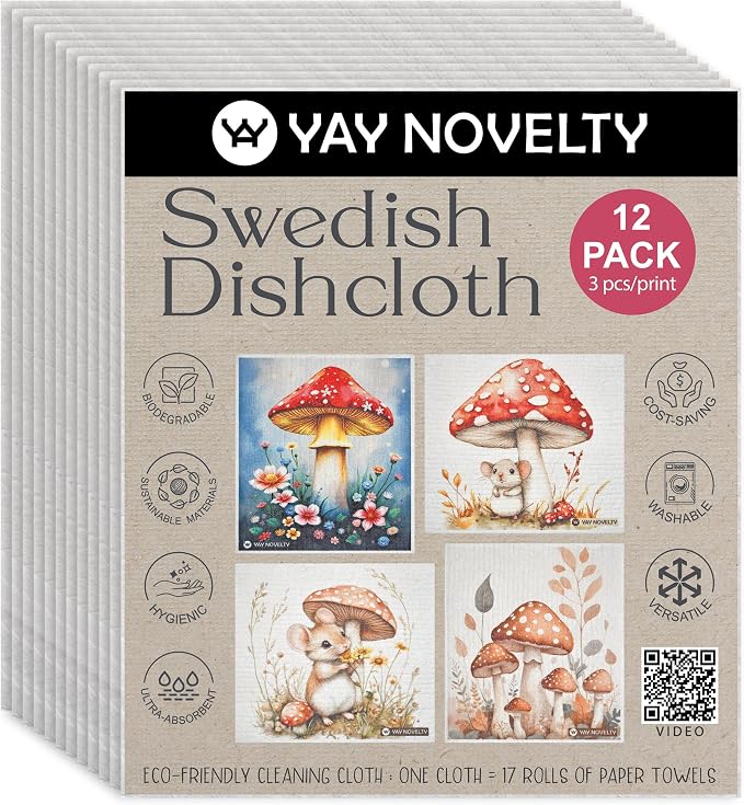 Swedish Dishcloths - 12 Pack | Made in Germany | Ultra-Absorbent, Reusable Cellulose Sponge Cloths for Kitchen | No-Odor, Eco-Friendly Cleaning Wipes | Water-Based Ink | Mushroom