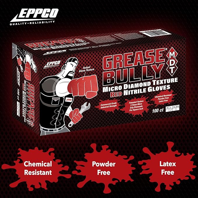EPPCO Grease Bully 7-Mil Red Nitrile Gloves Disposable Powder Free, Latex Free Textured Superior Grip Glove for Mechanics